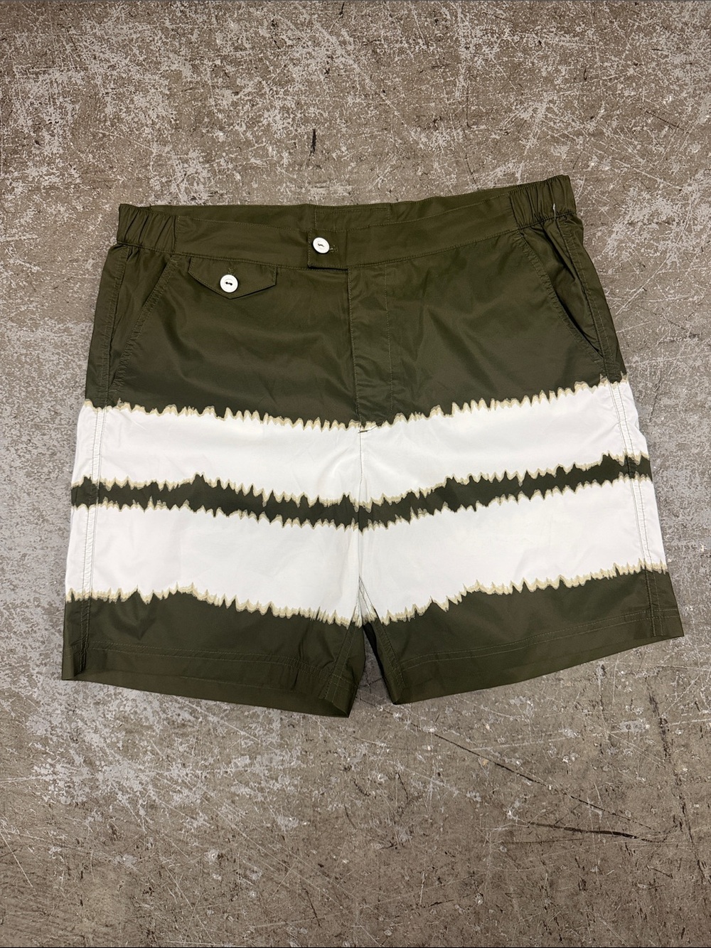 Brooks Brothers Olive Green & White Tie-Dye Stripe Swim Trunks